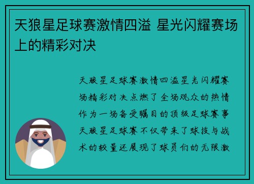 天狼星足球赛激情四溢 星光闪耀赛场上的精彩对决