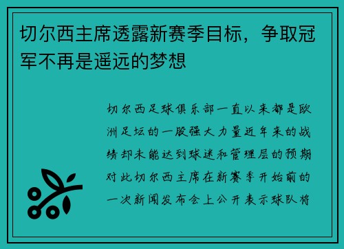 切尔西主席透露新赛季目标，争取冠军不再是遥远的梦想