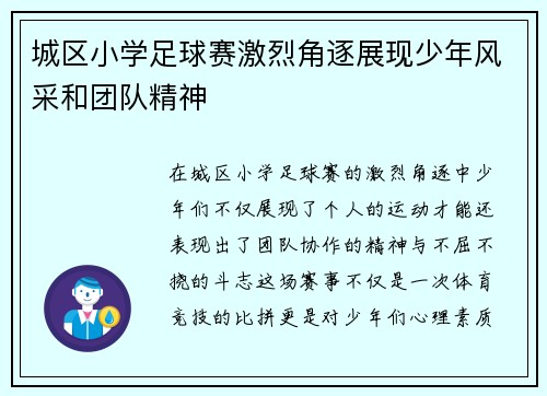 城区小学足球赛激烈角逐展现少年风采和团队精神