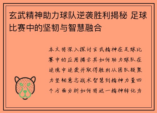 玄武精神助力球队逆袭胜利揭秘 足球比赛中的坚韧与智慧融合