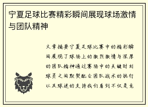 宁夏足球比赛精彩瞬间展现球场激情与团队精神