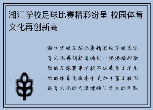 湘江学校足球比赛精彩纷呈 校园体育文化再创新高