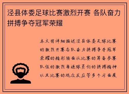 泾县体委足球比赛激烈开赛 各队奋力拼搏争夺冠军荣耀