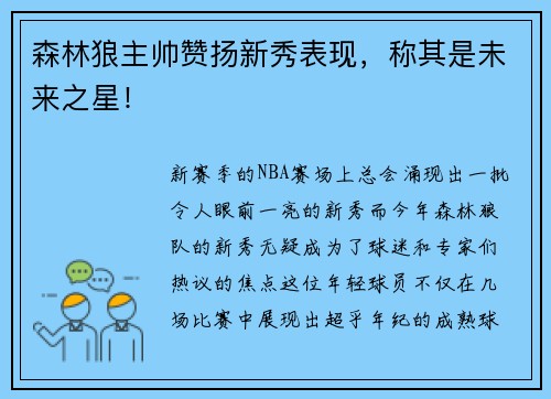 森林狼主帅赞扬新秀表现，称其是未来之星！