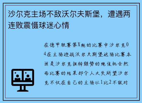 沙尔克主场不敌沃尔夫斯堡，遭遇两连败震慑球迷心情