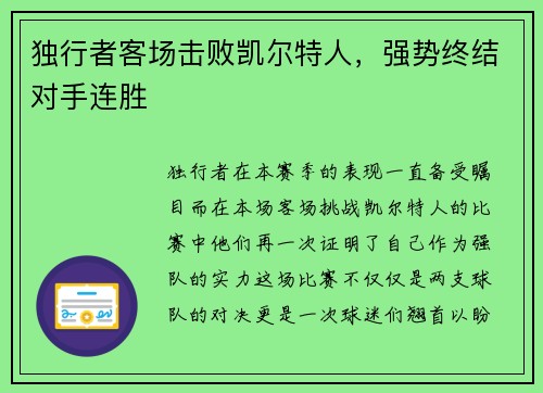 独行者客场击败凯尔特人，强势终结对手连胜