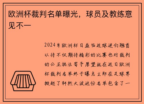 欧洲杯裁判名单曝光，球员及教练意见不一