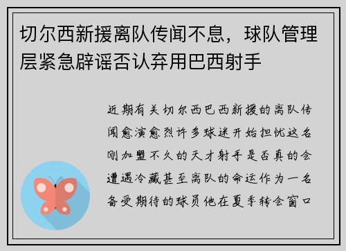切尔西新援离队传闻不息，球队管理层紧急辟谣否认弃用巴西射手