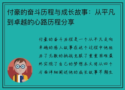 付豪的奋斗历程与成长故事：从平凡到卓越的心路历程分享