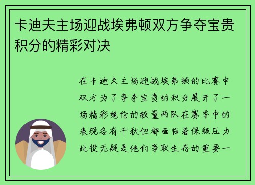 卡迪夫主场迎战埃弗顿双方争夺宝贵积分的精彩对决