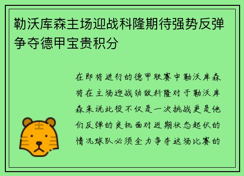 勒沃库森主场迎战科隆期待强势反弹争夺德甲宝贵积分