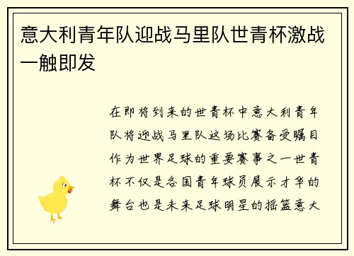 意大利青年队迎战马里队世青杯激战一触即发