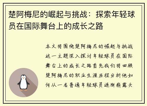楚阿梅尼的崛起与挑战：探索年轻球员在国际舞台上的成长之路