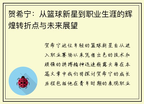 贺希宁：从篮球新星到职业生涯的辉煌转折点与未来展望