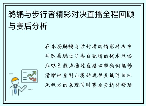 鹈鹕与步行者精彩对决直播全程回顾与赛后分析