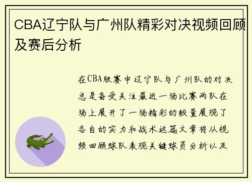CBA辽宁队与广州队精彩对决视频回顾及赛后分析