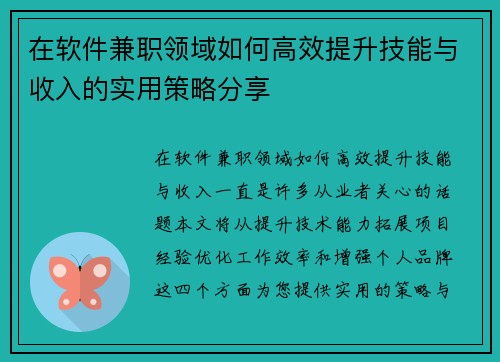 在软件兼职领域如何高效提升技能与收入的实用策略分享