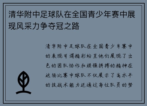 清华附中足球队在全国青少年赛中展现风采力争夺冠之路