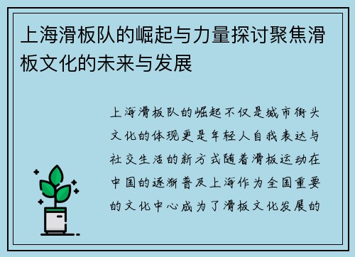 上海滑板队的崛起与力量探讨聚焦滑板文化的未来与发展