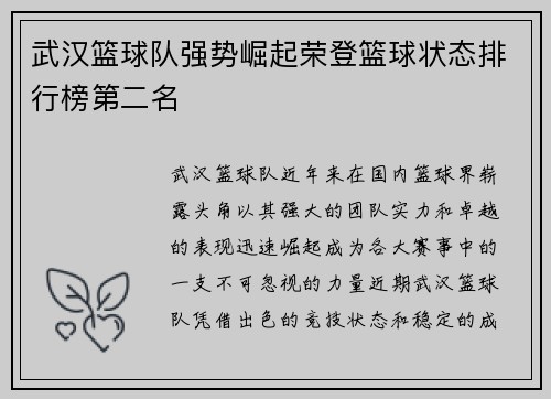 武汉篮球队强势崛起荣登篮球状态排行榜第二名