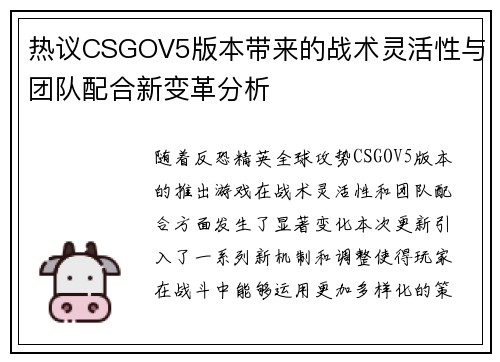 热议CSGOV5版本带来的战术灵活性与团队配合新变革分析